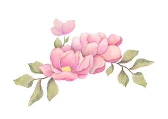 watercolor floral border arrangement with pink roses, delicate peonies and green branches. clipart element on transparent background for Wedding invitations, greetings, wallpapers, fashion, prints