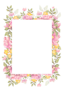 Watercolor floral frame, border. hand drawn illustration with flowers, rose, peony, leaf branches composition. Wedding invites, wallpapers, fashion pattern with copy space