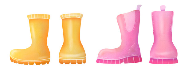 watercolor yellow, pink, cute rubber boots set on transparent background. cut out, clip art collection. clean protecting from moisture, rain, for Gardening, farm. spring, autumn time work clothes