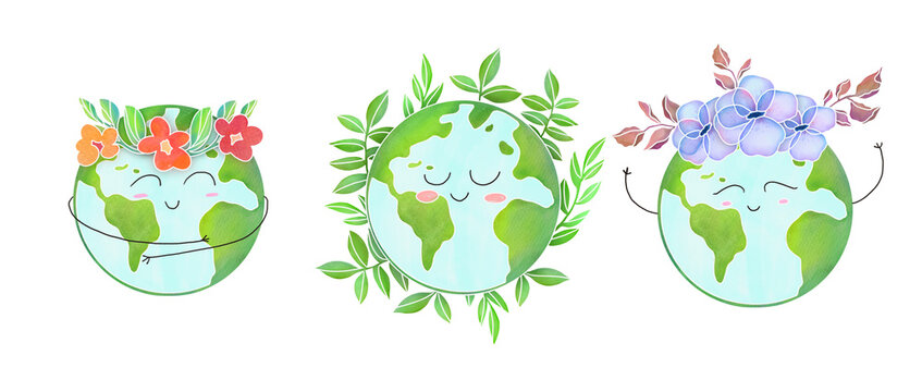 Cute funny Earth planet character with flowers, hugs. cartoon watercolor globe set Isolated on transparent background. Earth day, world Environment day collection. Children design elements