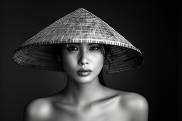 beautiful vietnamese woman wearing a hat to protect herself from the sun