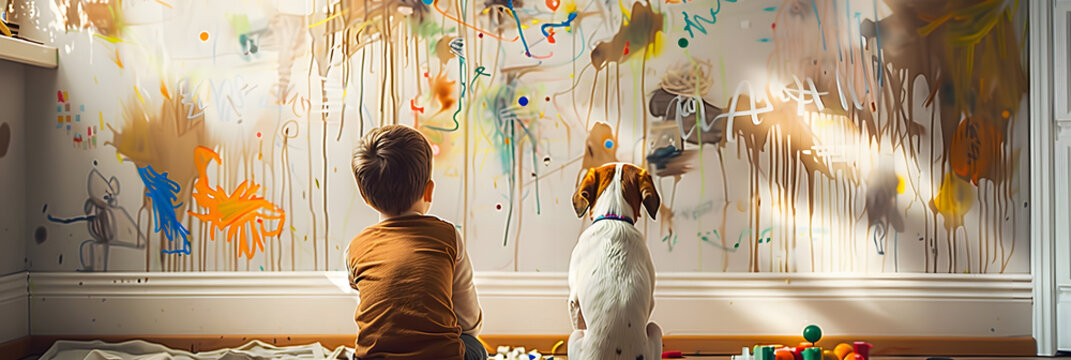 Boy and his dog looking at a wall full of children's doodles and paintings.
