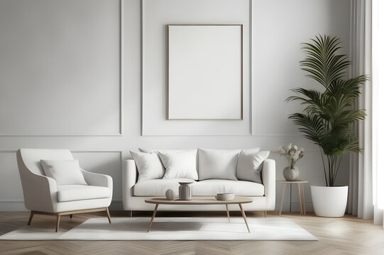 Living room interior with white sofa, coffee table and plants. Mock up poster.