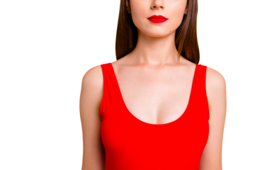 Close up half face portrait of confident brunette woman with red lips in vivid swimsuit isolated on bright yellow background