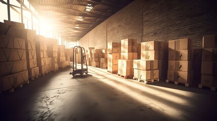 A forklift inside a warehouse with a wooden crate in the background  generative ai

 - obrazy, fototapety, plakaty