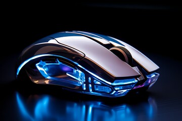 Macro shot of a precision-engineered computer mouse with reflective surfaces
