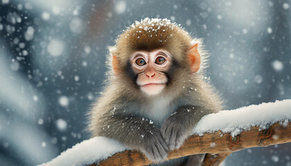 雪の中の猿の子供,Generative AI AI画像