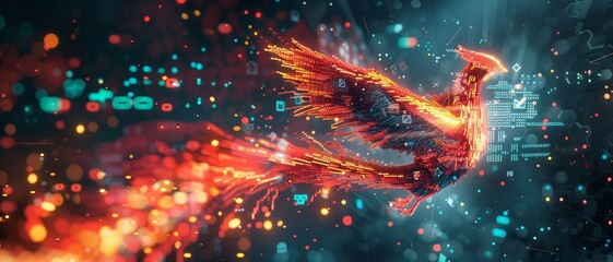 an illustration of a digital phoenix rising from pixelated ashes, incorporating security symbols in its feathers, representing the resilience and regeneration of data security measures.