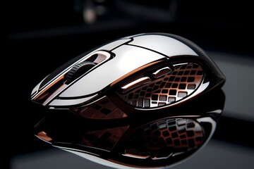 Macro shot of a precision-engineered computer mouse with reflective surfaces
