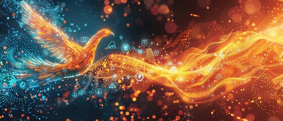 an illustration of a digital phoenix rising from pixelated ashes, incorporating security symbols in its feathers, representing the resilience and regeneration of data security measures.