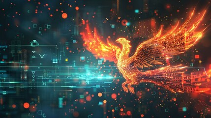 an illustration of a digital phoenix rising from pixelated ashes, incorporating security symbols in its feathers, representing the resilience and regeneration of data security measures.