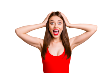 Close up portrait of  girl with a shocked face holds her head in her hands and can not believe in discounts on travel and journey to the sea isolated on vivid yellow background