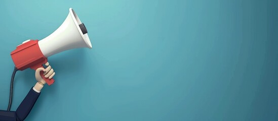 Hand holding a megaphone for promotion product copy space on blue background. Generated AI image