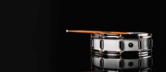 Close up path drum snare with drumstick on copy space black background. Generated AI image