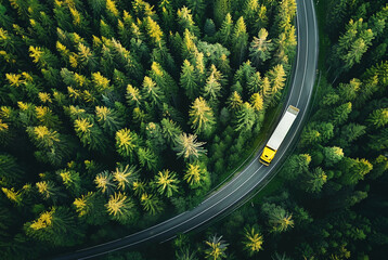 truck in the forest driving with a trailer from a drone view