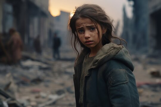 Sad and worried little girl with winter clothes standing on a city destroyed by war with copy space left. Concept of war and its effect on children and civilians.