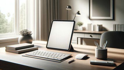 contemporary home office setup showcasing a tablet touchpad with a white screen mockup - obrazy, fototapety, plakaty