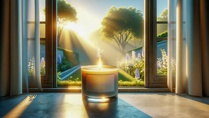 candle advertisement, where the candle is positioned on a window ledge