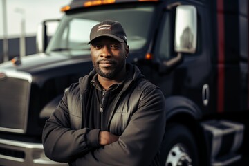 Confident and happy black truck driver standing proud in front of his truck with copy space. Concept of transporters and truckers workers. - obrazy, fototapety, plakaty