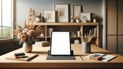 contemporary home office setup showcasing a tablet touchpad with a white screen mockup