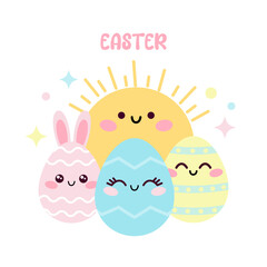 Happy Easter greeting card with cute eggs and sun. Set of Easter colorful eggs in kawaii style