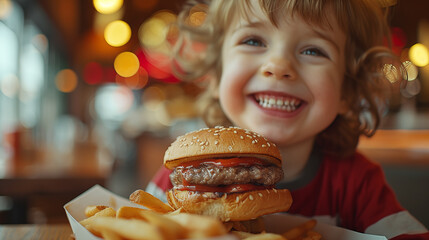 Little boy eating a hamburger in a fast food restaurant. Close-up