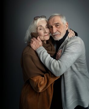 Portrait of a happy senior couple posing together on a gray background