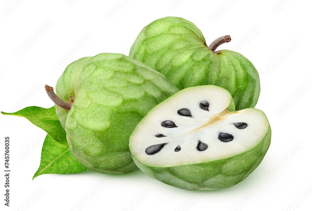 Wall mural isolated cherimoya. two whole and cut of heart shaped cherimoya (custard apple) fruits with leaves i - Wall murals