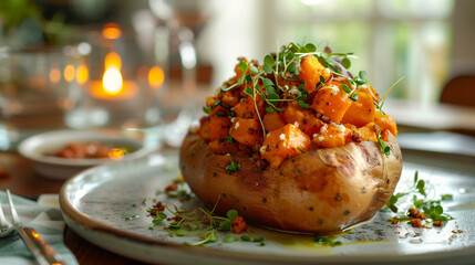 Super Food. Sweet potato stuffed with microgreens and herbs