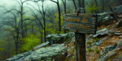 No Littering in the Forest Sign. Please do not Litter. Please Don't Litter