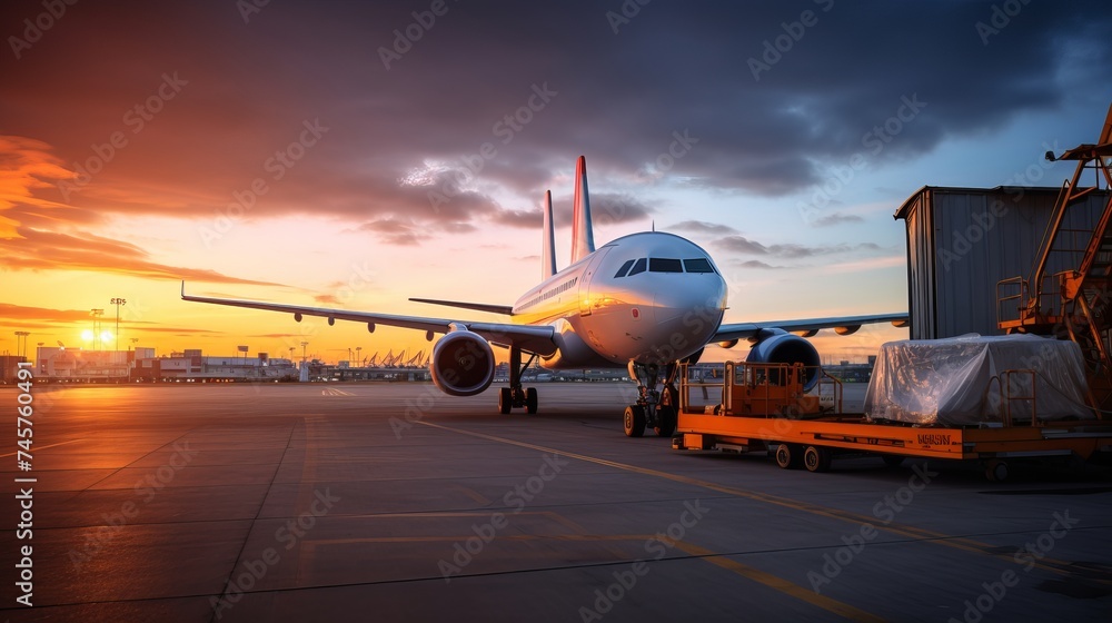 Poster preparation before flight. loading of cargo container against airplane.
