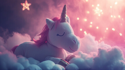 Sleeping Unicorn Plush Toy in Dreamy Pink Clouds with Magical Sparkling Background