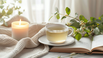 Fototapeta na wymiar Warm Relaxing Tea Time with Candle and Cozy Knitwear Beside Open Book on Sunny Window Sill