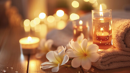 Warm Candlelight and Plumeria Flowers Spa Setting for Relaxation and Wellness Therapy