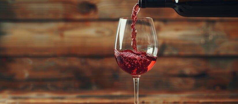 Close up pouring red wine from bottle into a wineglass over a rustic wall background. Generated AI