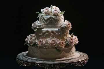 Obraz na płótnie Canvas Delicious multi-tiered wedding cake isolated on black background. Generative AI