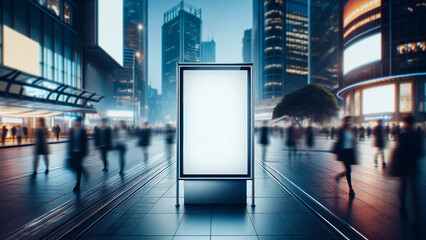 Fototapeta premium blank information poster mounted on a metal frame in a bustling city square during twilight