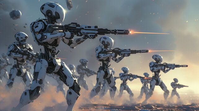 Futuristic Robot Army Advancing in Battlefield Scenery with Laser Guns Firing and Explosions in Background