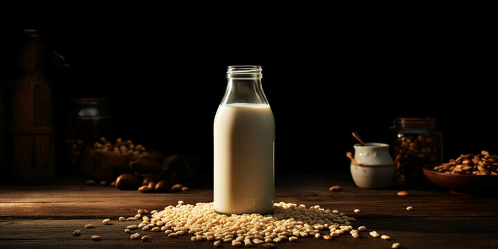 Plantbased dairy, Bottle of milk and little bowl with rice on wooden background
