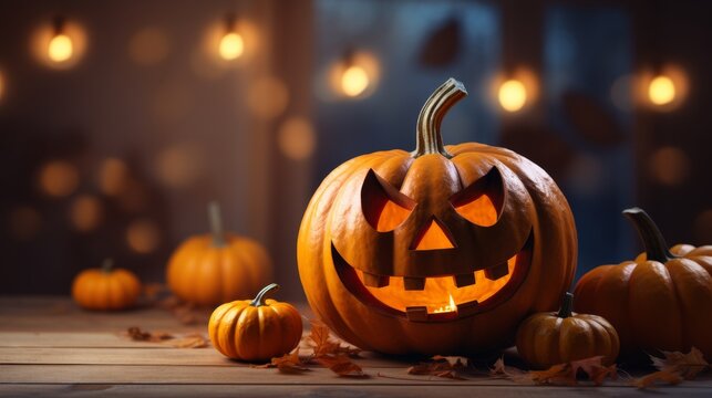 Pumpkin spiced halloween greeting card featuring smiling jack olantern on defocused background
