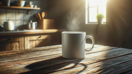 blank white mug sitting on a rustic wooden table with morning sunlight streaming through