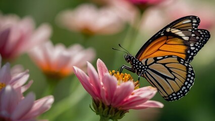Zoom in of a butterfly's wings as it lands on a vibrant flower