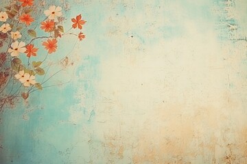 retro background with small summer colorful flowers in vintage style with free space for various inscriptions. antique wall with scuffs in shabby chic style. summer spring laconic natural background