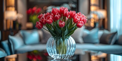 Luxurious tulips arranged in a stunning Baccarat crystal vase exuding sophistication. Concept Luxurious Flowers, Baccarat Crystal Vase, Sophisticated Arrangement