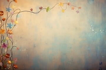 retro background with small summer colorful flowers in vintage style with free space for various inscriptions. antique wall with scuffs in shabby chic style. summer spring laconic natural background