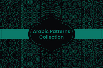 collection of green Arabic Patterns on black Background, Vector