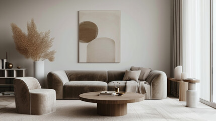 Modern Elegant Living Room Interior Design with Neutral Tones Velvet Sofa and Abstract Artwork Decor