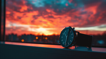 Elegant Wristwatch Silhouetted Against Vibrant Sunset Sky with Dramatic Clouds Over City Horizon - obrazy, fototapety, plakaty