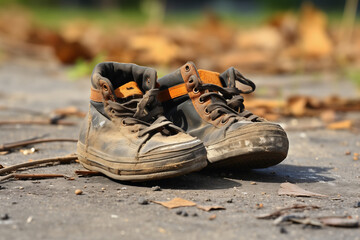 Naklejka premium Old broken shoes of a little boy as a symbol for child poverty
