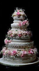 Delicious multi-tiered wedding cake isolated on black background. Generative AI